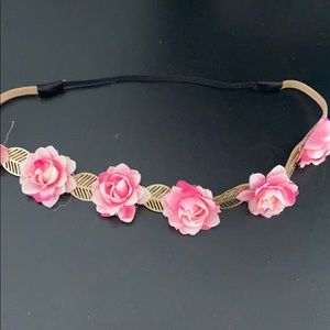 Pink Flower Wrap Headband w/ Gold Leaves